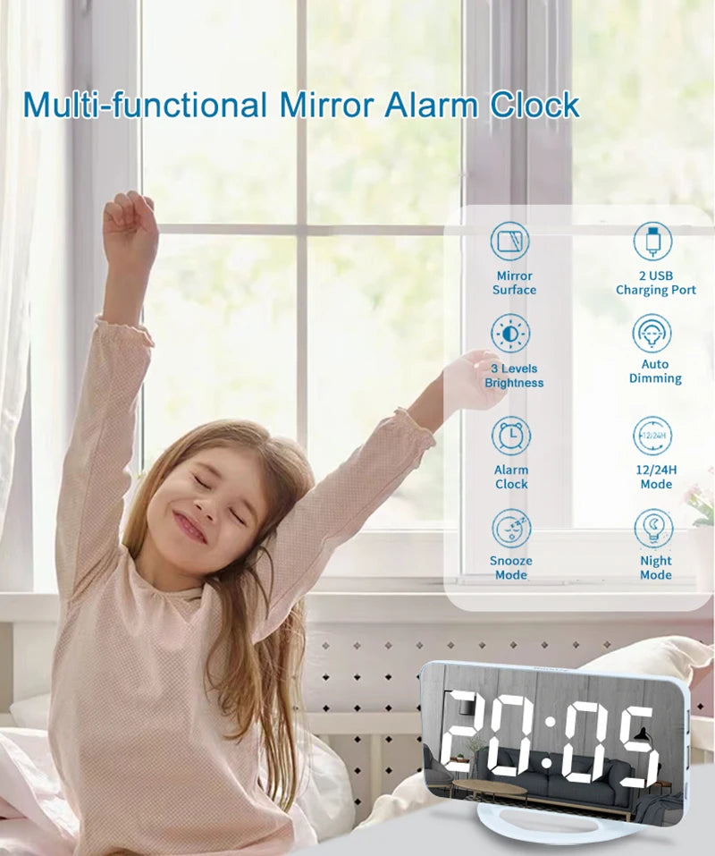 Niditon Sveglia digitale, orologio elettronico a LED, da tavolo/parete per camera da letto, soggiorno, ufficio, grande superficie a specchio con display