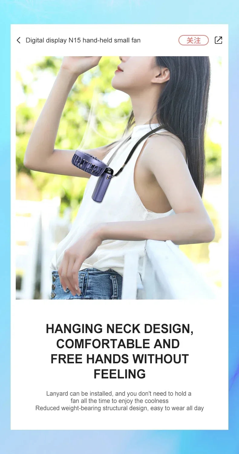 Handheld Portable Fan Wearable Personal Neck Fan 5-Speed USB Rechargeable Fan with Phone Holder and Display Screen 1800mAh