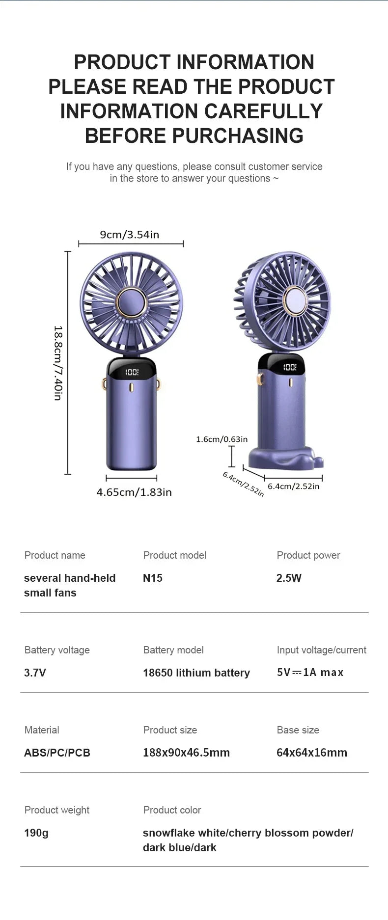 Handheld Portable Fan Wearable Personal Neck Fan 5-Speed USB Rechargeable Fan with Phone Holder and Display Screen 1800mAh