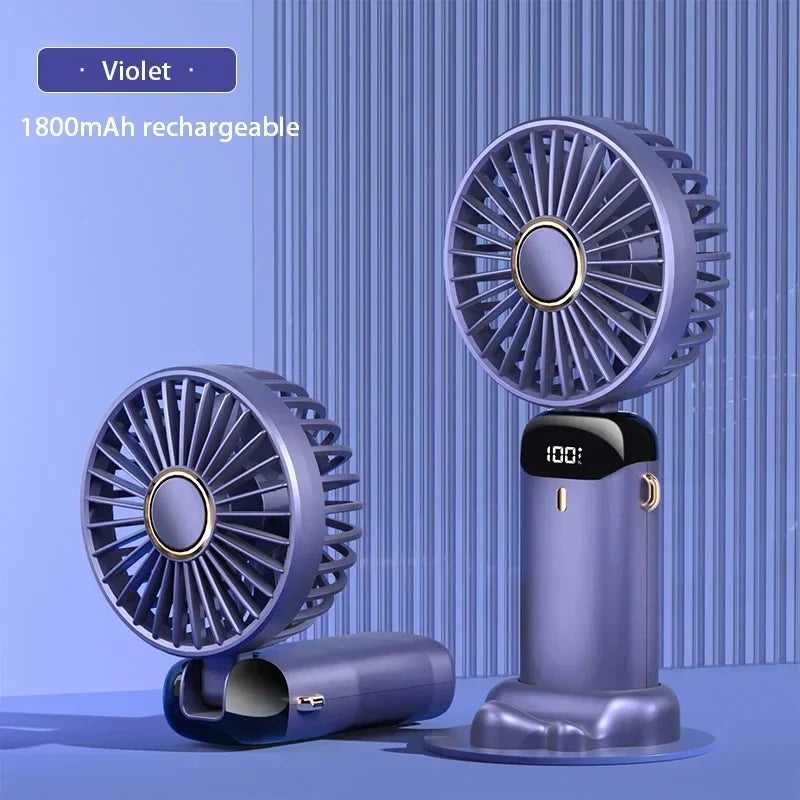 Handheld Portable Fan Wearable Personal Neck Fan 5-Speed USB Rechargeable Fan with Phone Holder and Display Screen 1800mAh