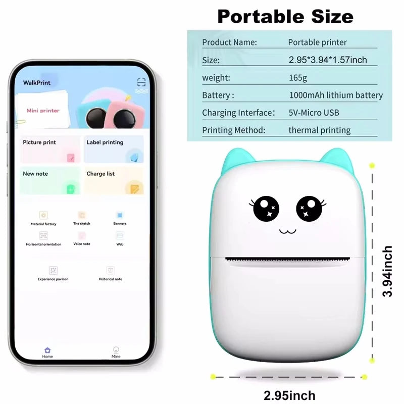 Stampante termica portatile Mini CAT stampa stampante termica tascabile per foto 58mm stampa stampanti wireless Bluetooth Android iOS