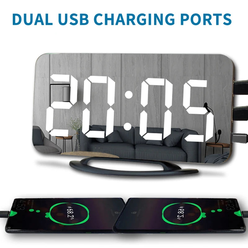 Niditon Sveglia digitale, orologio elettronico a LED, da tavolo/parete per camera da letto, soggiorno, ufficio, grande superficie a specchio con display