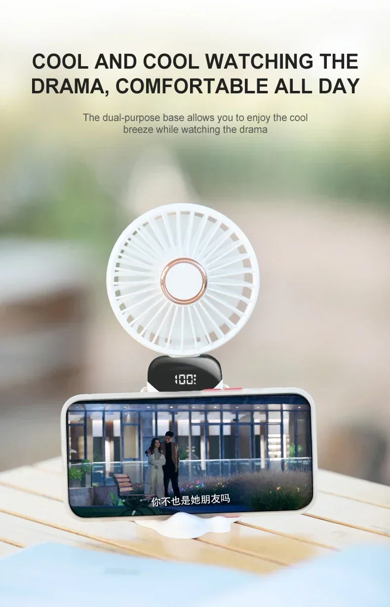 Handheld Portable Fan Wearable Personal Neck Fan 5-Speed USB Rechargeable Fan with Phone Holder and Display Screen 1800mAh