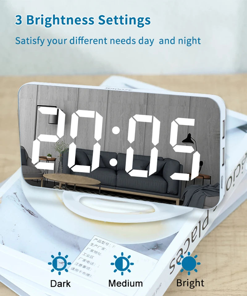 Niditon Sveglia digitale, orologio elettronico a LED, da tavolo/parete per camera da letto, soggiorno, ufficio, grande superficie a specchio con display