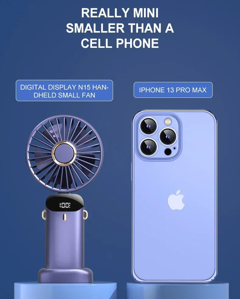 Handheld Portable Fan Wearable Personal Neck Fan 5-Speed USB Rechargeable Fan with Phone Holder and Display Screen 1800mAh