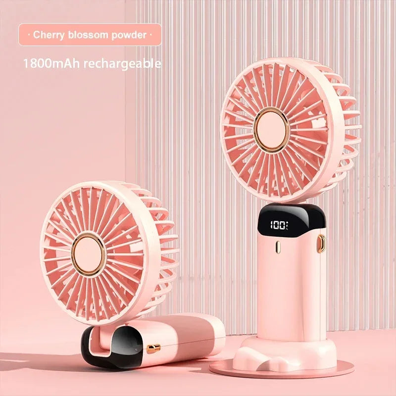 Handheld Portable Fan Wearable Personal Neck Fan 5-Speed USB Rechargeable Fan with Phone Holder and Display Screen 1800mAh