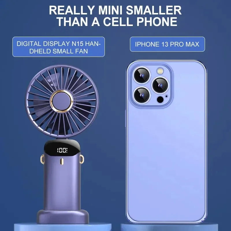 Handheld Portable Fan Wearable Personal Neck Fan 5-Speed USB Rechargeable Fan with Phone Holder and Display Screen 1800mAh