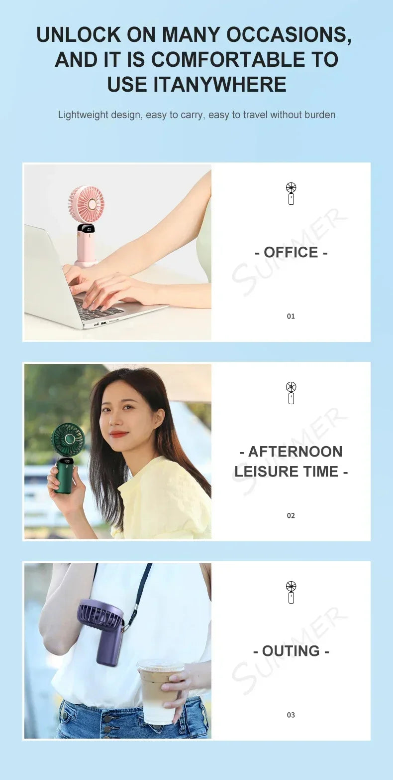 Handheld Portable Fan Wearable Personal Neck Fan 5-Speed USB Rechargeable Fan with Phone Holder and Display Screen 1800mAh