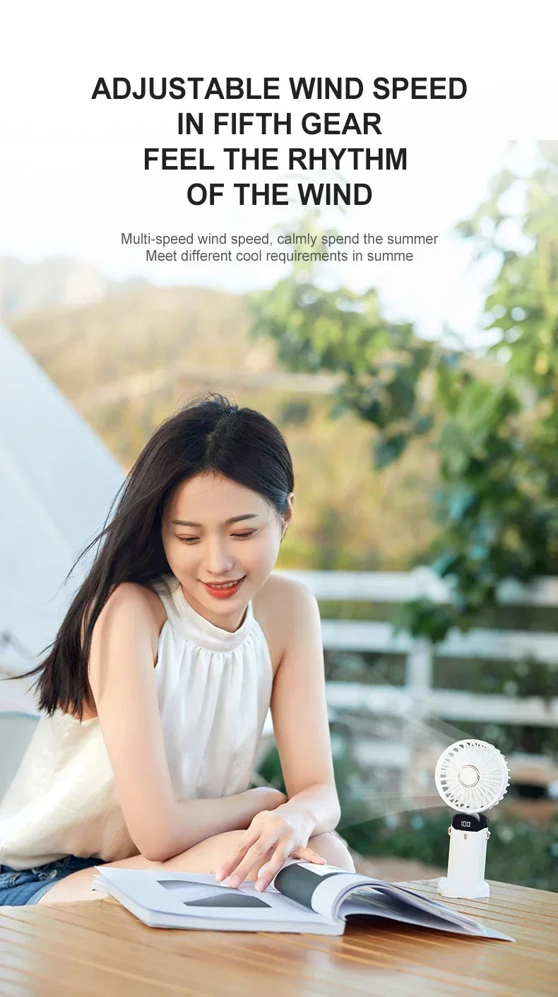 Handheld Portable Fan Wearable Personal Neck Fan 5-Speed USB Rechargeable Fan with Phone Holder and Display Screen 1800mAh
