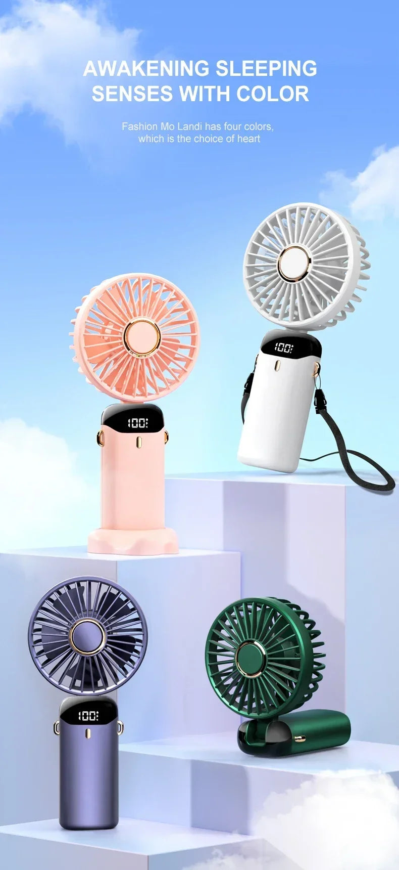 Handheld Portable Fan Wearable Personal Neck Fan 5-Speed USB Rechargeable Fan with Phone Holder and Display Screen 1800mAh