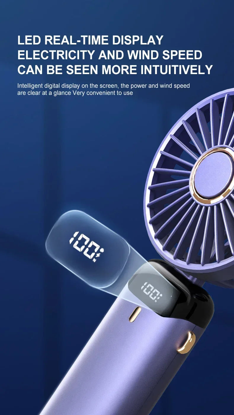 Handheld Portable Fan Wearable Personal Neck Fan 5-Speed USB Rechargeable Fan with Phone Holder and Display Screen 1800mAh