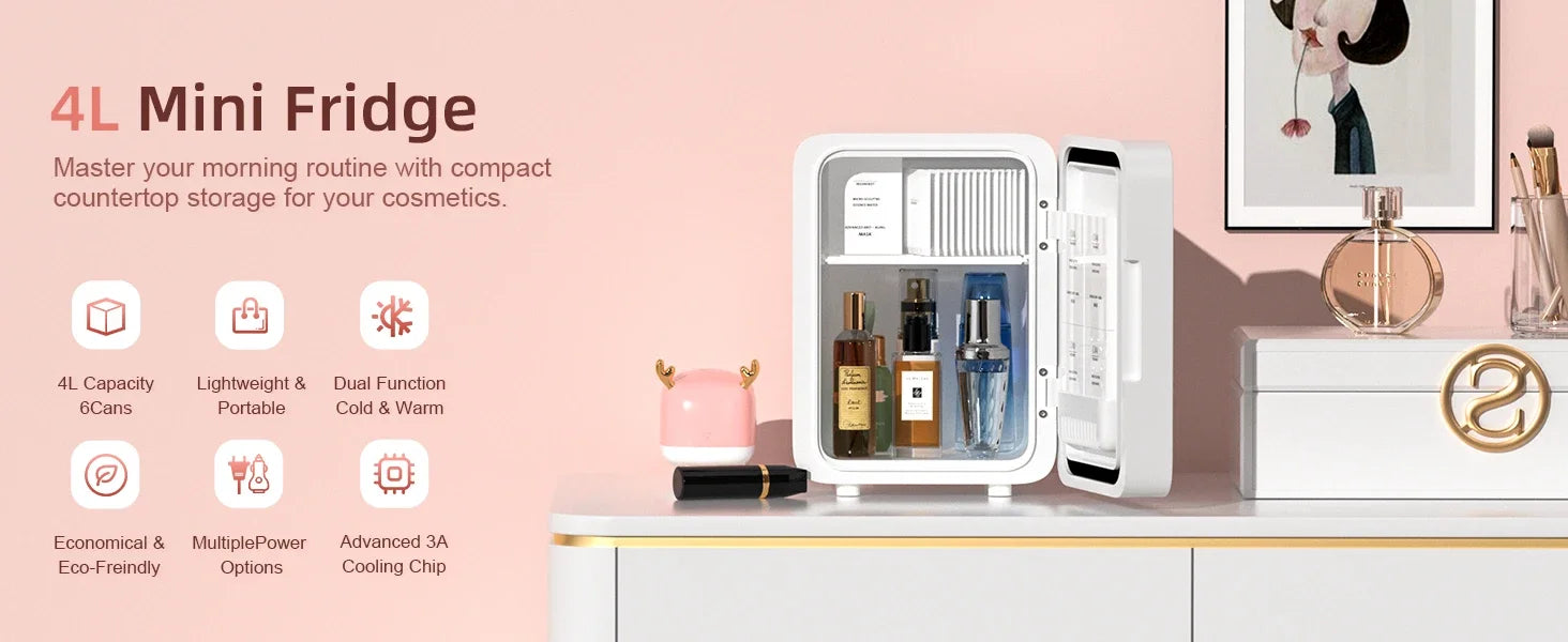 Mini Frigo Beauty con Specchio LED – 4 Litri per Skincare e Trucco