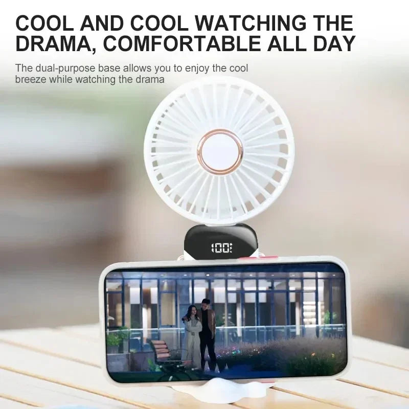 Handheld Portable Fan Wearable Personal Neck Fan 5-Speed USB Rechargeable Fan with Phone Holder and Display Screen 1800mAh