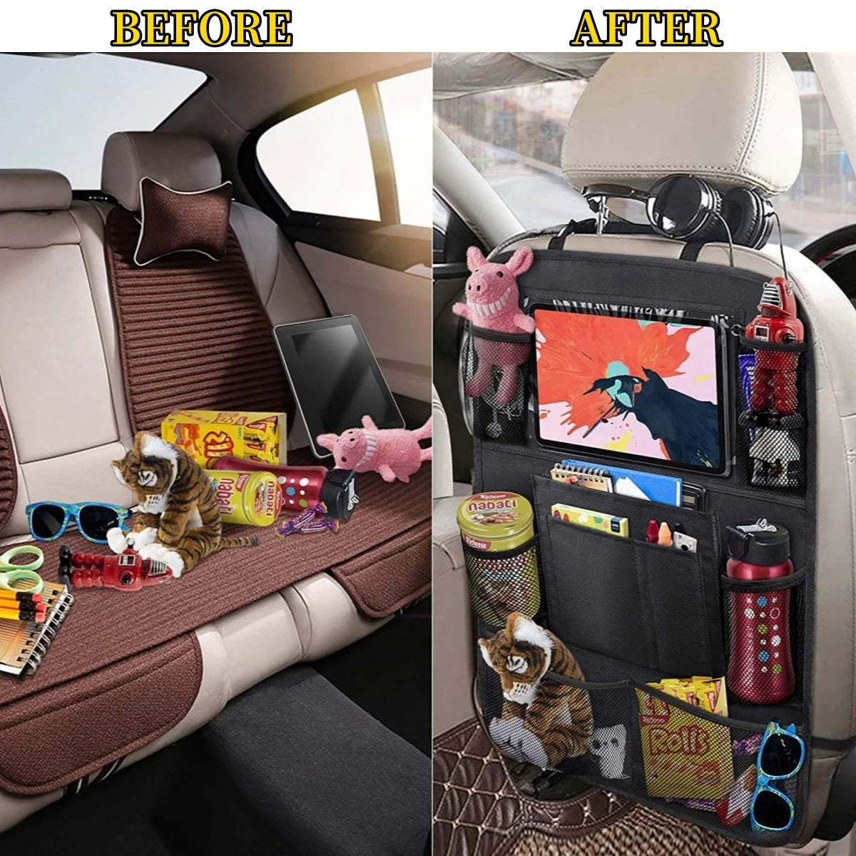 Organizer per schienale seggiolino auto, 10 tasche portaoggetti con protezione per supporto tablet touch screen per bambini, accessori per auto