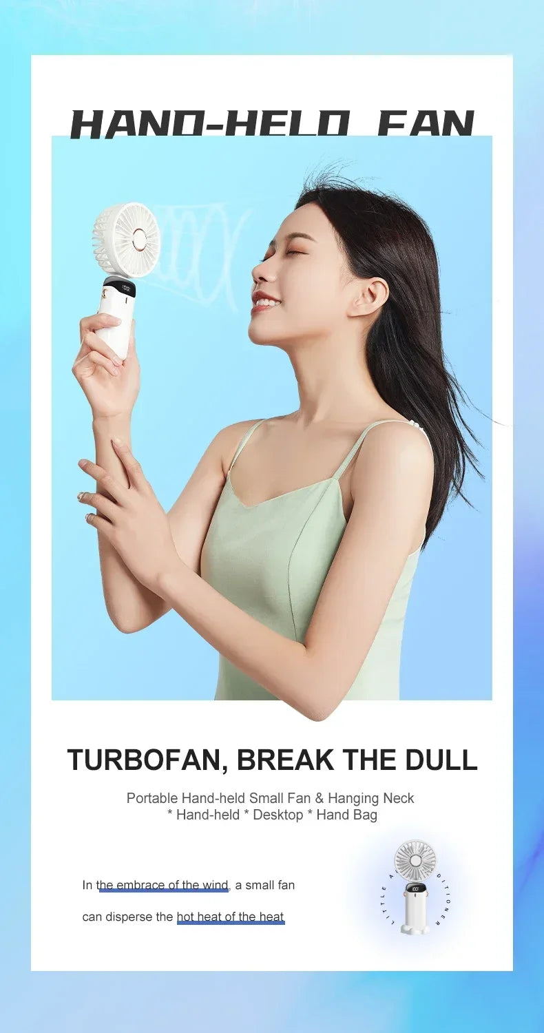 Handheld Portable Fan Wearable Personal Neck Fan 5-Speed USB Rechargeable Fan with Phone Holder and Display Screen 1800mAh