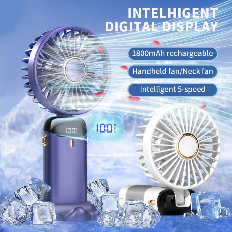 Handheld Portable Fan Wearable Personal Neck Fan 5-Speed USB Rechargeable Fan with Phone Holder and Display Screen 1800mAh