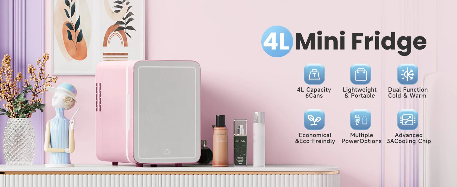 Mini Frigo Beauty con Specchio LED – 4 Litri per Skincare e Trucco